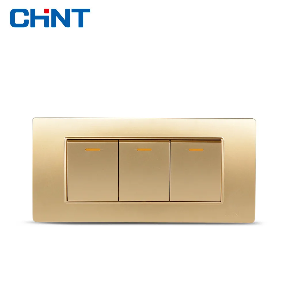 

CHINT Three Gang Two Way Switch Panel 118 Type Wall Switch NEW5D Steel Frame Champagne Hyun Golden Switch
