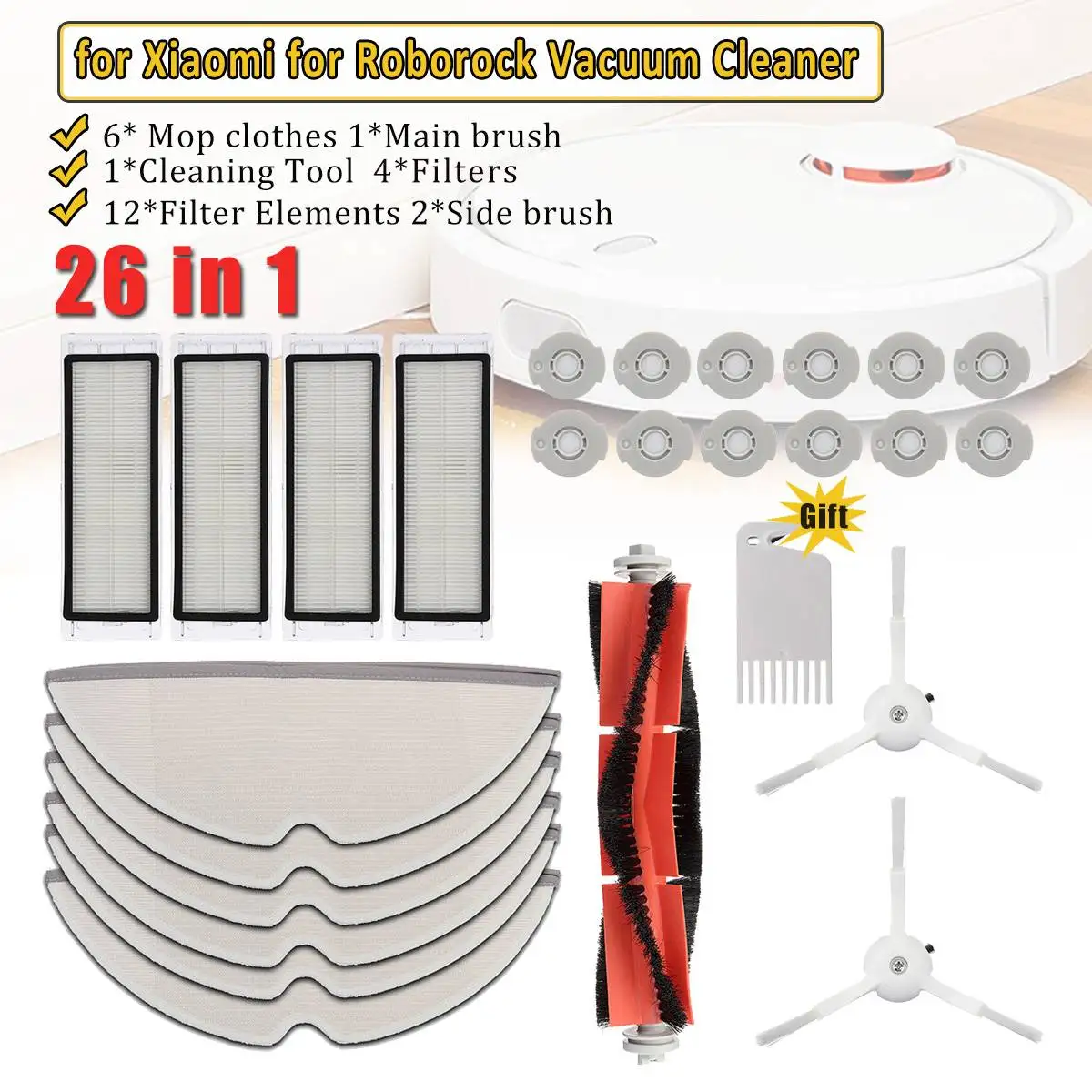 

26pcs Main Brush Edge Side Brush Mop Cloths Filter for Xiaomi Roborock S50 S51 S55 Robot Vacuum Cleaner Spare Parts