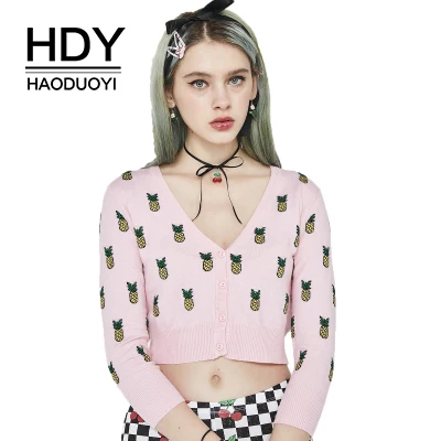 Свитер HDY haoduoyi однобортный с узором в виде ананаса треугольным вырезом сердечком