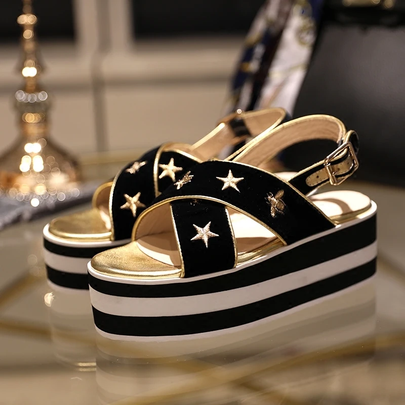 

sandales femme 2018 nouveau Shoes Woman Sandals Leather Med Platform Wedges Star Embroider Shoes Sandals Woman sandalia feminina