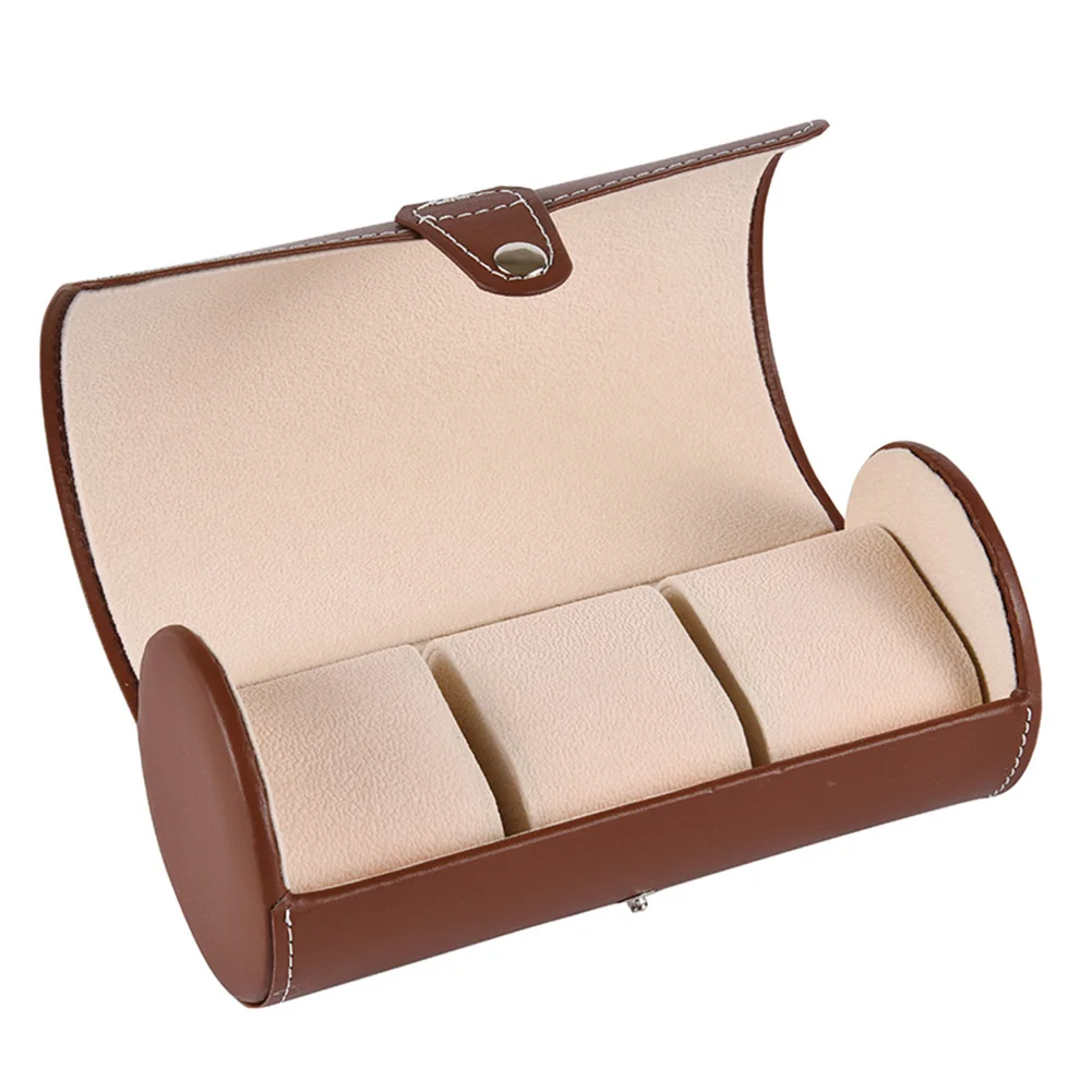 

3-Slot Mesh Brown Leather Watch Case Clamshell Watch Jewelry Display Collection Box