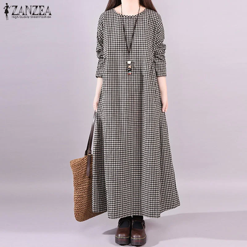 

2019 Plus Size ZANZEA Spring Women Casual O Neck Long Sleeve Vintage Plaid Check Loose Long Shirt Dress Kaftan Vestido Femme