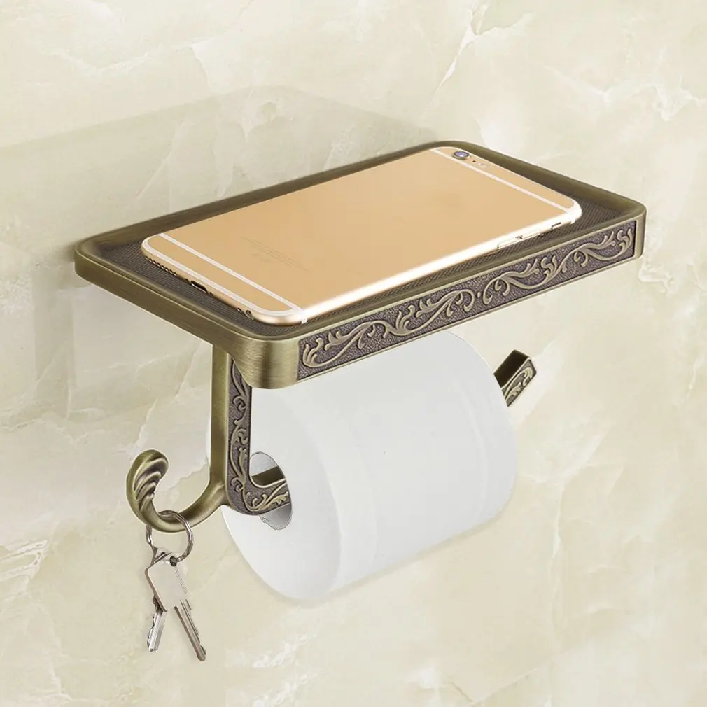 

Antique Vintage European Style Practical Multi-functional Toilet Embossed Plating Tissue Towel Paper Holder Phone Rack Shelf