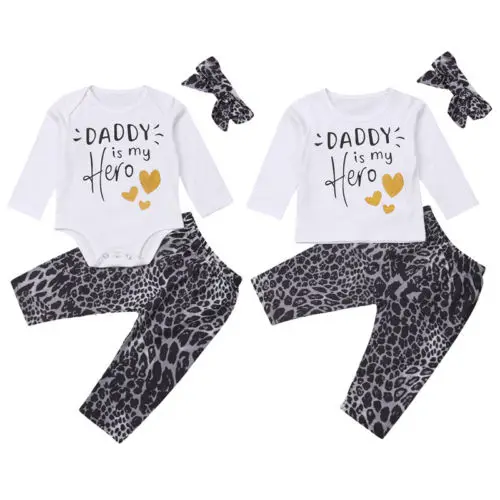 Newborn Baby Boys Girls Clothes Leopard Print Tops T Shirt Long Pants Outfits