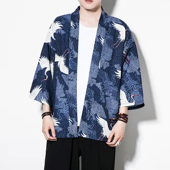 

#4364 Summer Mens Kimono Shirt White/Black/Blue Crane Print Open Stitch Casual Hip Hop Streetwear Harajuku Kimono Male Outwear