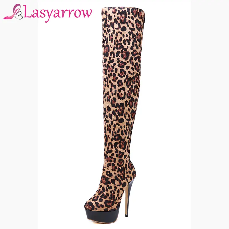 

Lasyarrow Women's Platform Stiletto Heels Round toe Leopard Over the Knee Boots Ladies Shoes Fashion Zipper Sexy Botas Femininas