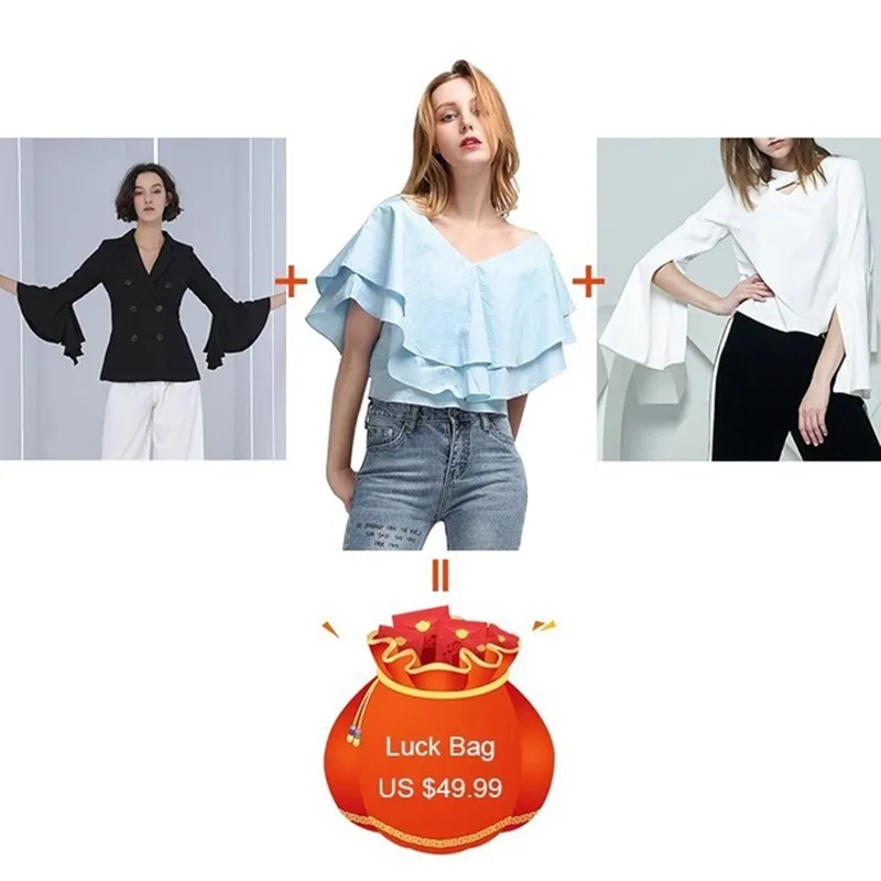 

CHICEVER 3 Pieces/lot Clearance V Neck Flare Sleeve Slim Blazer Female Ruffles Chiffon Blouses Split Hollow Out T-shirt 2019 New