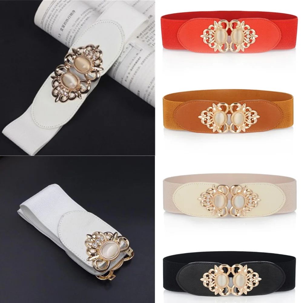 Wide Pu Leather Metal Rhinestone Designed Elastic Belts For Women