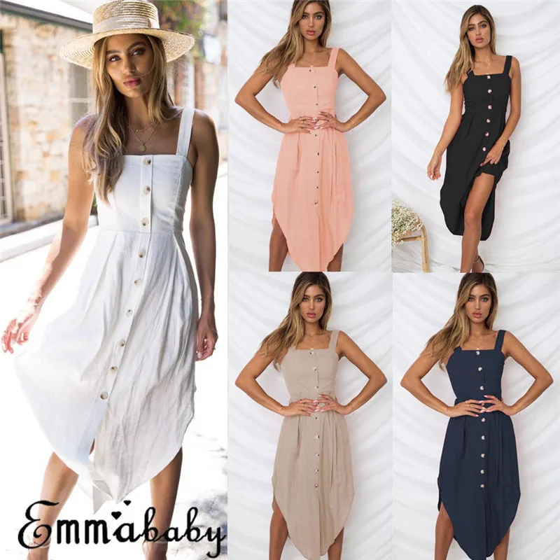

Summer Women Casual Boho Long Dress Sleeveless Dress Evening Party Beach Sundress