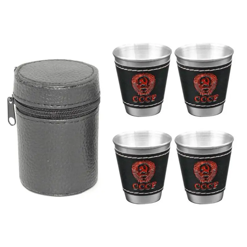 

4pcs/lot 70ml Stainless Steel Cups Set PU leather cup cover Outdoor Camping Travel Picnic BBQ Tableware