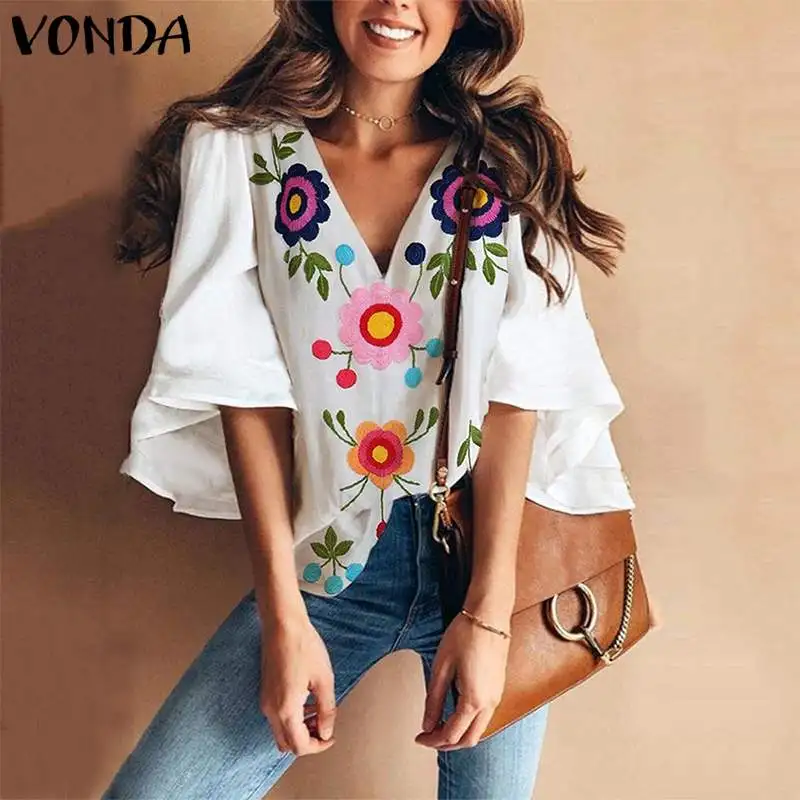 

VONDA 2019 Summer Fashion Blouses Women Vintage Floral Print Shirts Casual V Neck Flare Sleeve Blusas Plus Size Sexy Tops