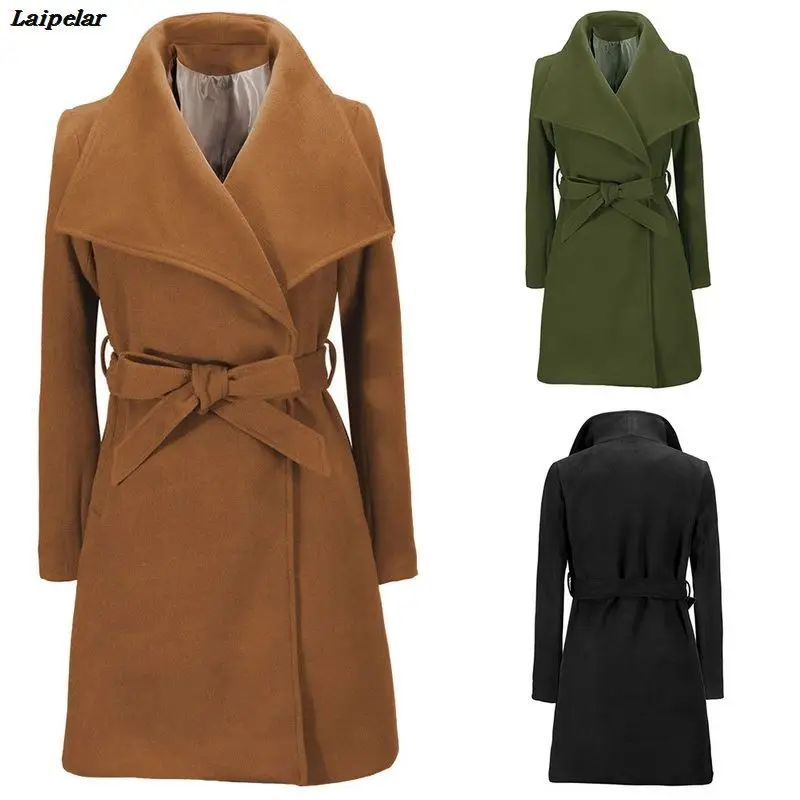 

Laipelar Women Jackets Elegant Wool Blends Pocket Bow Tie Belt Coat Fashion Streetwear Solid Big Collar Slim Ladies Blend Coat