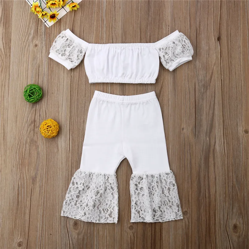 

18M-6T Summer Kids Baby Girl Lace Flower Crop Tops Flared Pants 2PCS Outfits Sunsuit Pure White 2PCS Clothing