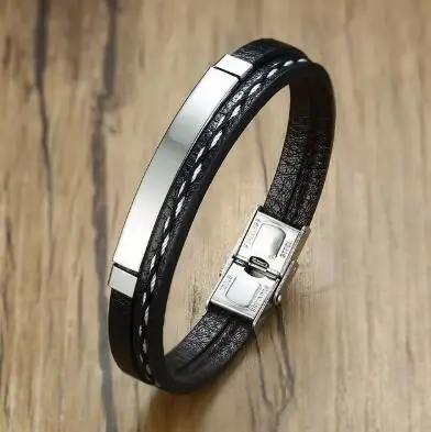 

Multi Layer Leather Bracelets for Men Women Customizable Engraving Stainless Steel Bar Bangles Casual Personalized Pulseira