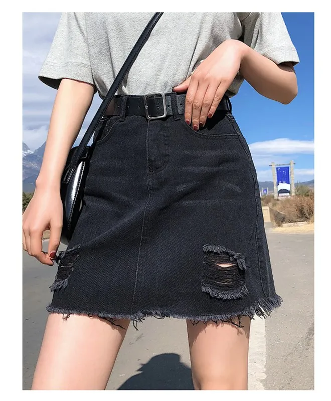 Летняя женская пикантная мини-юбка-джинсы с завышенной талией A-Line модная женская однотонная джинсовая юбка с дырками