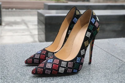 

Colorful Bling Crystal Embellished Pointed Toe Shallow Pumps Office Lady Slip On High Thin Heel Gladiator Dress Shoes Plus Size