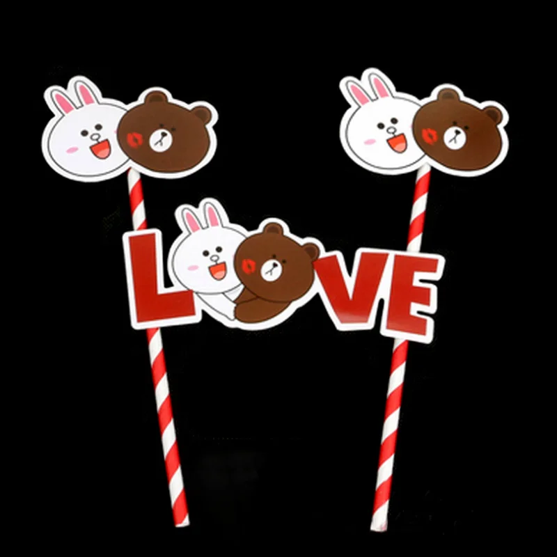

1 pcs Kawaii Cartoon Brown Bear and bunny love Cupcake Toppers Picks Kids Birthday Party Wedding Decoration cake Supplies