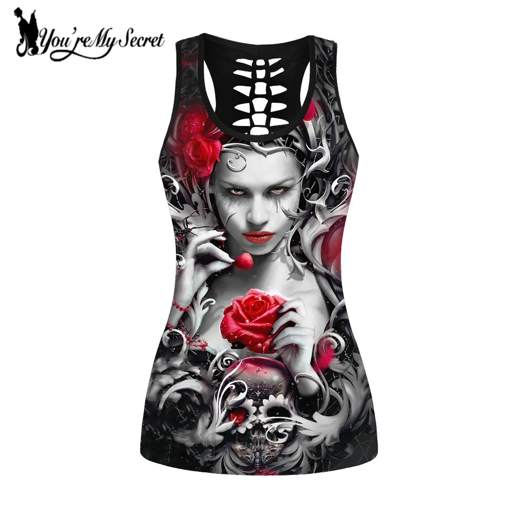 

[You're My Secret] Gothic Tank Top Women Sexy Banshee Mask Rose Print Vest Skull Hollow Out Tops Punk Sleeveless Top Plus Size
