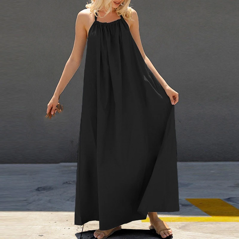 

Women Ladies Halter dress Sleeveless Loose Long Dress Casual Backless solid color leisure summer elastic Maxi Dresses vestido