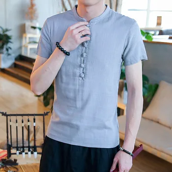 

#4529 Summer Top Linen Shirt Men Casual Vintage Mandarin Collar Front Button Chinese Style Cotton Linen T-shirt Short Sleeve 3XL