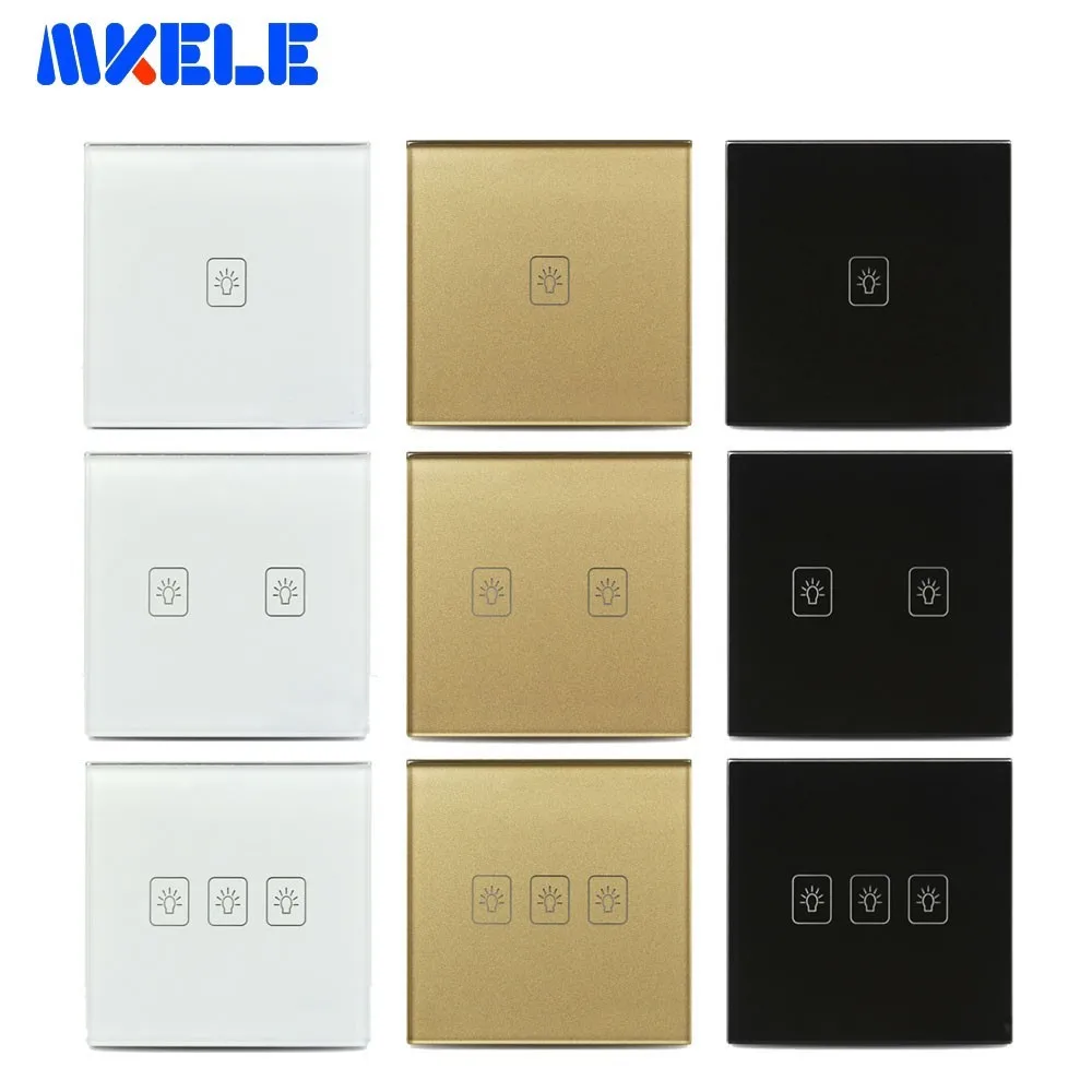 

Touch Switch EU Standard Black White Gold Crystal Glass Panel Touch Screen Wall Switch For Lamp 1/2 Way 1/2/3 Gang