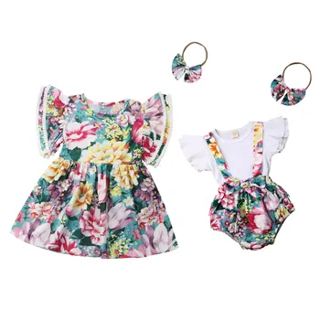 

Newborn Kid Baby Girls Clothing Flower Little Sister T shirt + Ruffles Bloomers Overall Big Sister Dress Summer Girls Clothing