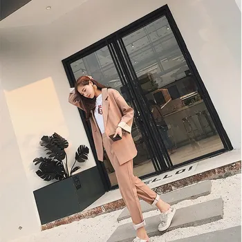 

2019 Summer Autumn Two Piece Set Women Double Breasted Blazers Suit Straight Pants Casual Suits Female Solid Outfits