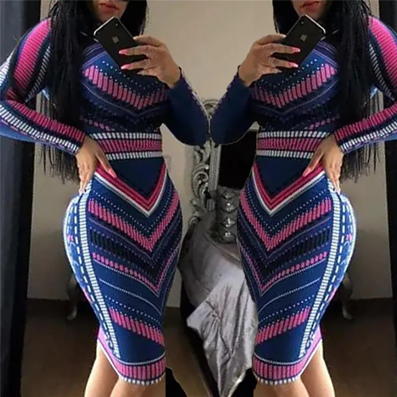 Сексуальный повязку Bodycon Для женщин с длинным рукавом платье Для женщин печати тощий вечерние платье клуба Strappy окунуться