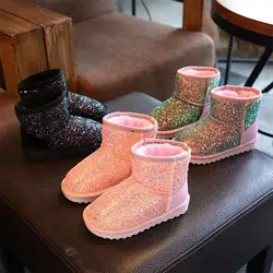 Зимние ботинки для детей повседневная обувь с блестками, кожаные сапоги с плюшевой подкладкой для маленьких девочек зимние ботинки теплая