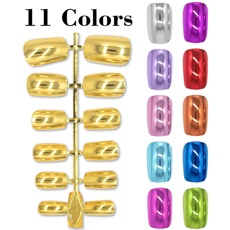 

Kimcci Reflective Mirror Shiny Metallic Light Pink Fake Nails Metal Plating False French Acrylic Square Press on Nail Art Tips