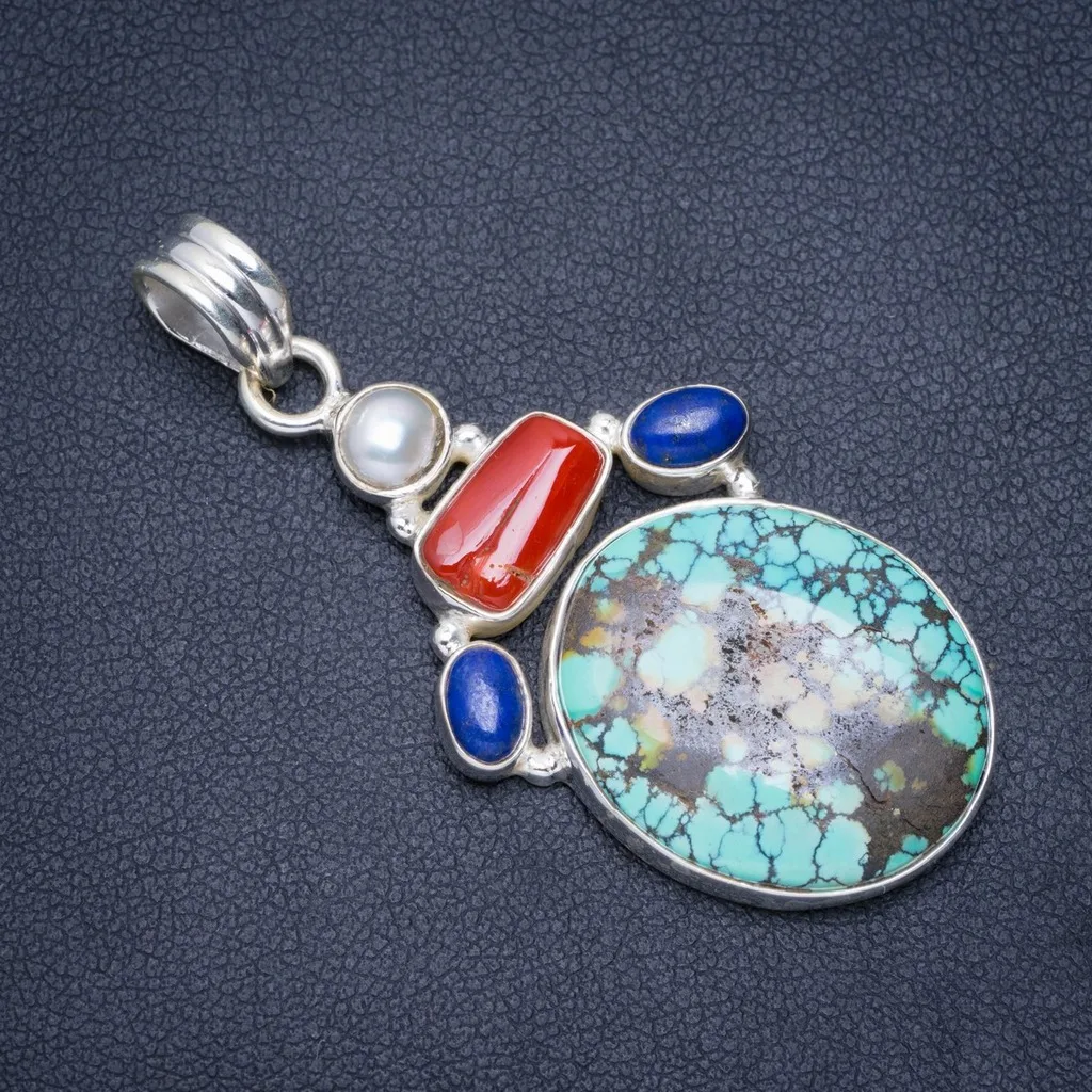 

Natural Turquoise,Red Coral and Lapis Lazuli and River Pearl 925 Sterling Silver Pendant 2" A0240