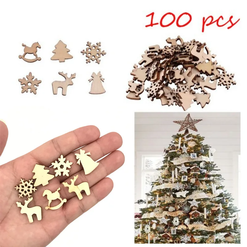 

100 PCs/Bag Natural Wooden DIY Christmas Tree Hanging Ornaments Pendant Gifts Tree Snow Flakes Navidad New Year Decoration Home