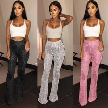 

New Women Bottom Long Pants Sequin High Waisted Clubwear Party Knit Trousers 2019