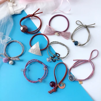 

9pcs/Lot Ribbon Scrunchie Beads Hair Rope Cute Girls Hair Bows Elastic Hair Band Fashion Hair Accessories for Women Ponytail Tie