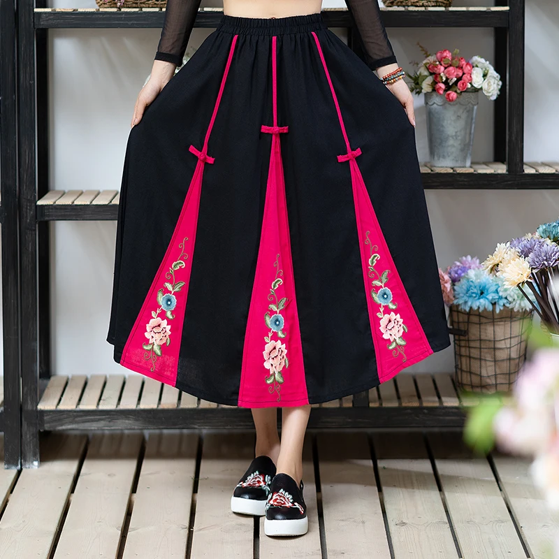 Весенне-летняя женская винтажная элегантная Цветочная юбка с вышивкой и эластичным поясом средней длины Удлиненная юбка женская