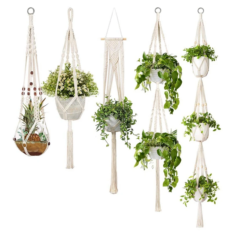 

5-Pack Macrame Plant Hangers, Different Tiers, Handmade Cotton Rope Hanging Planters Set Flower Pots Holder Stand, For Indoor