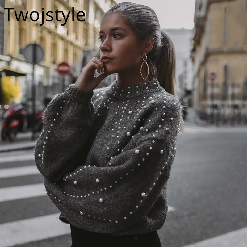 Twojstyle осень зима укороченный свитер женский пуловер Peal Bead фонарь рукав вязаный