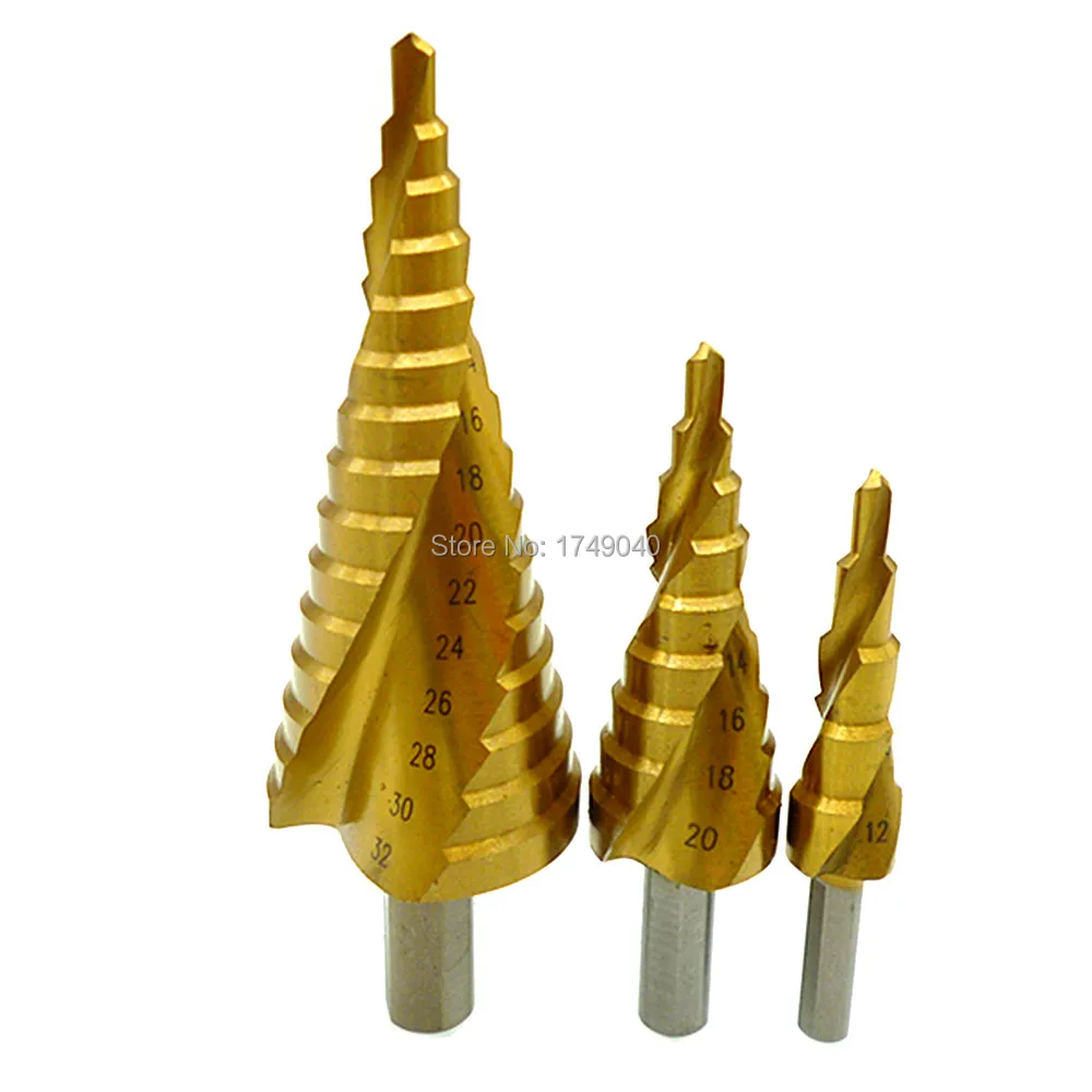 

3pc Step Cone Drill Bits 4-12/20/32mm Titanium HSS Spiral Grooved Center Drill Bit Triangle Shank Industrial Reamer Hole Cutter