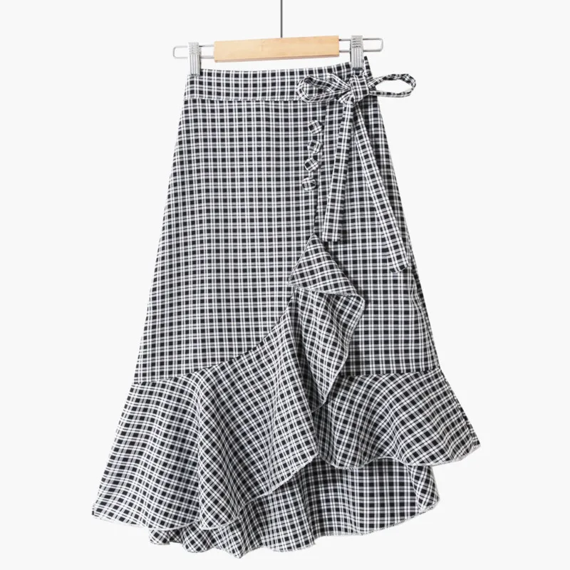 

PEONFLY Plaid Print Skirts Womens Black Ruffle Women's Long Skirt High Waist Bowtie Split Irregular Maxi Skirts Women