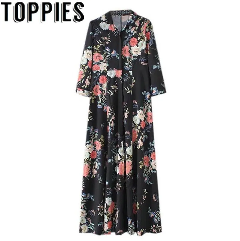 

2019 Autumn Floral Print Long Dress Turn-down Collar Blouse Design Maxi Dress