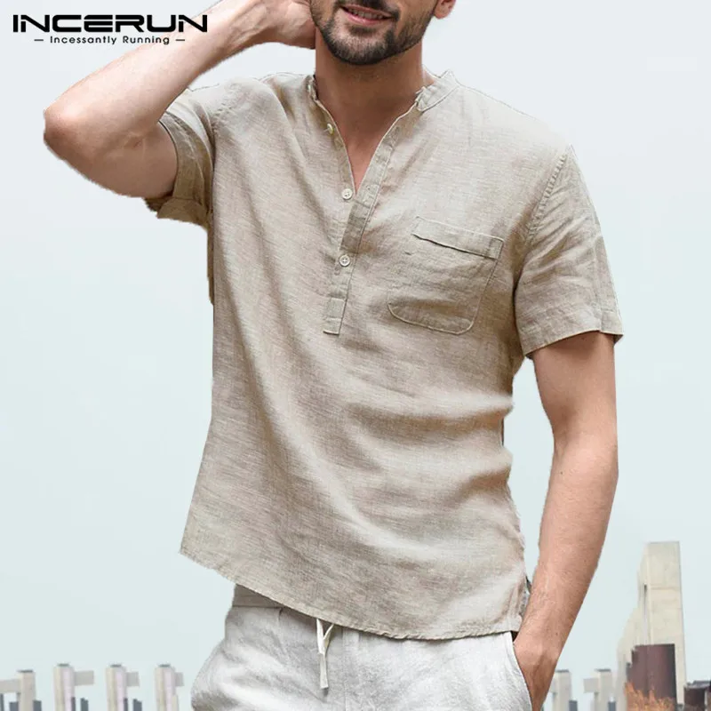 INCERUN الأزياء 2019 جديد الصيف رجل عارضة قمصان قصيرة الأكمام الخامس الرقبة الأساسية بلوزة عارضة فضفاض رقيقة قمم الرجال زائد حجم S-3XL