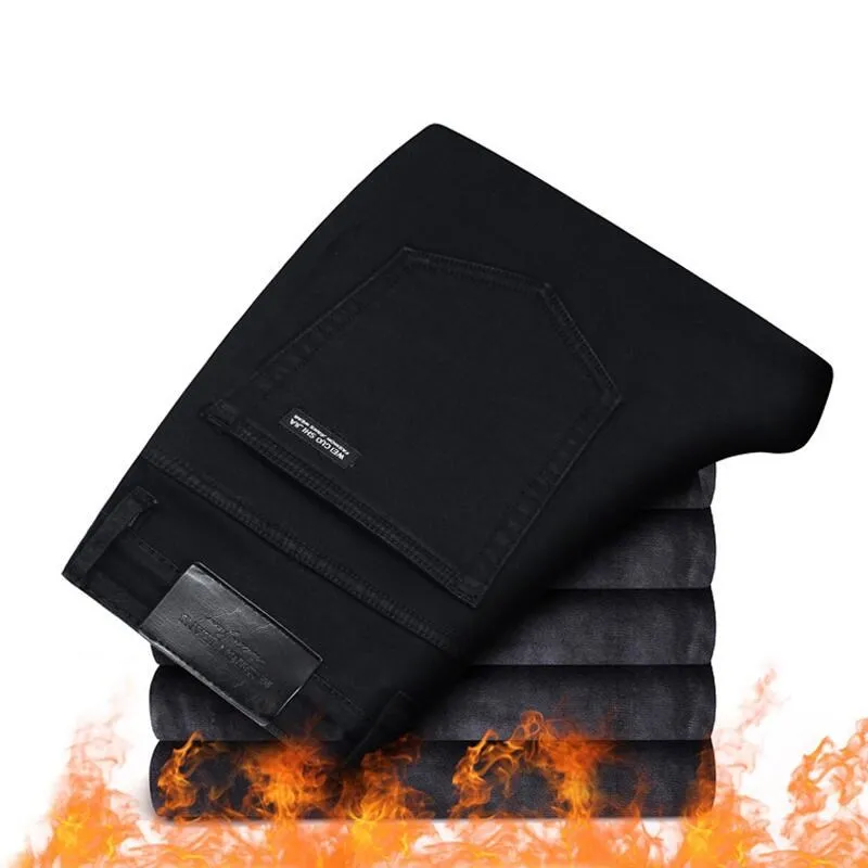Winter Jeans Men Classic Black Color Slim Fit Stretch Thick Velvet Pants Warm Jeans For Men Fashion Casual Fleece Trousers Male