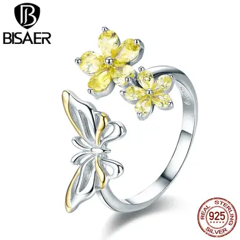 

BISAER 100% 925 Sterling Silver Ring Adjustable Open Finger Ring Dazzling Yellow Dancing Butterfly For Women Fashion Ring Gift