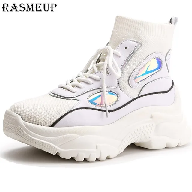 US $26.99 RASMEUP High Top Platform Sneakers Women 2019 Spring New Glitter Knitted Sock Shoes Woman Dad Chunk