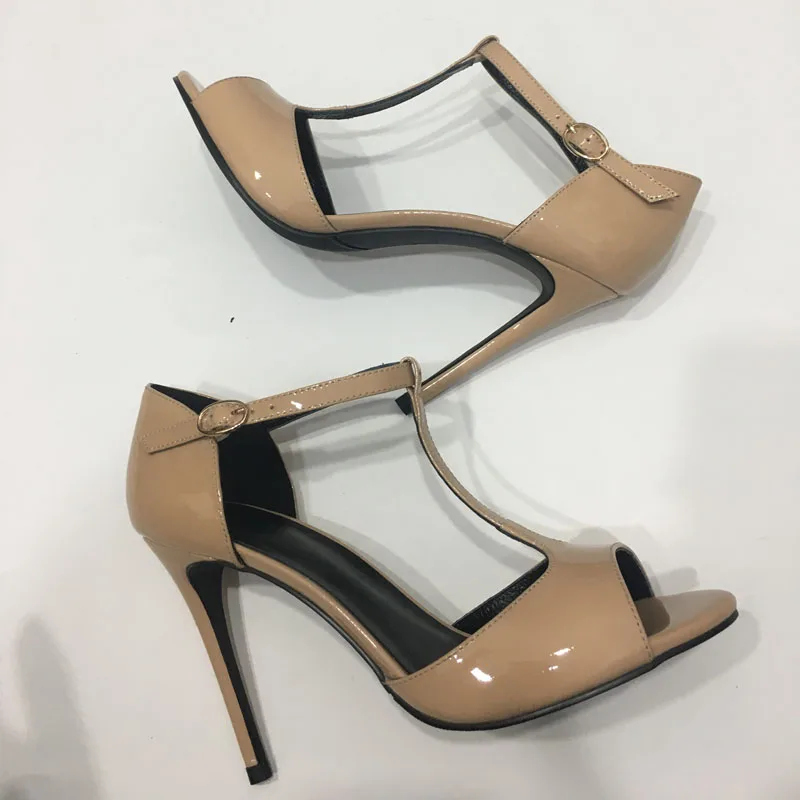 

Shiny Black Nude Sandals High Heel T-strap Open Toe Summer Office Lady Shoes Women