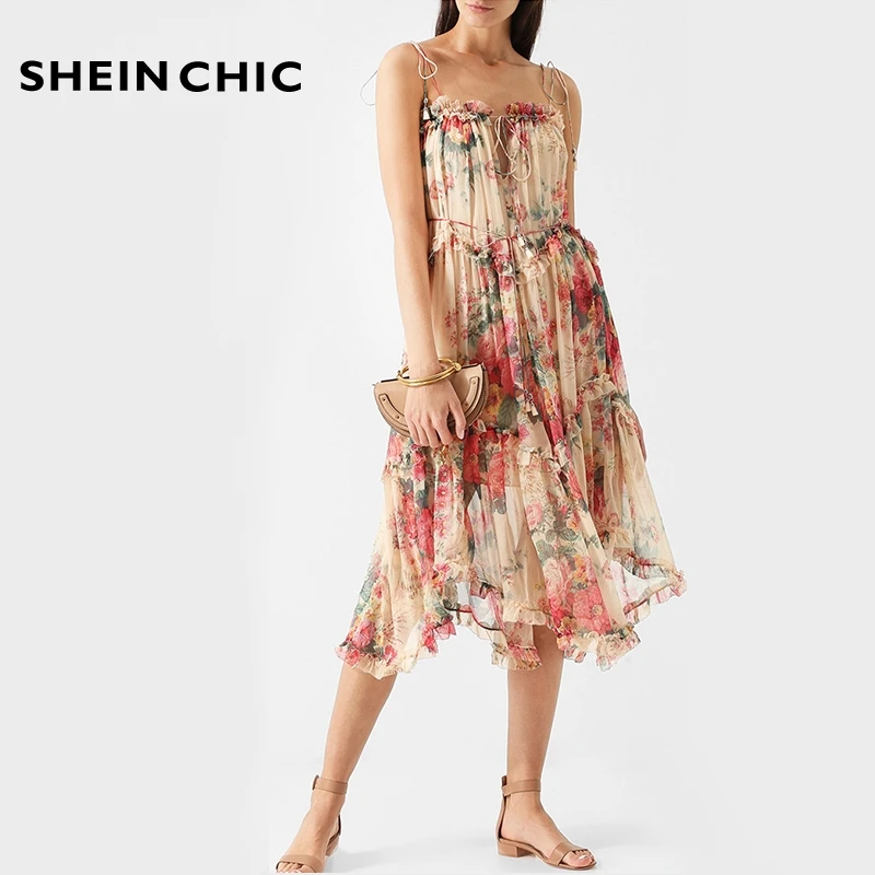 

Bohemian Summer Beach Party Vacation Women Dress 2019 Runway Spaghetti Strap Sleeveless Midi Dress Elegant Ruffles Floral Dress
