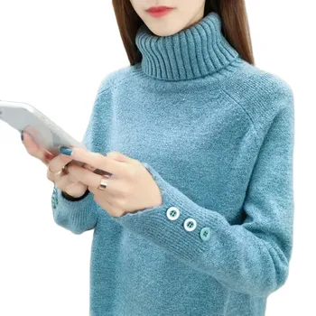 

PEONFLY Turtleneck Jumper Women Sweaters Clothes Streetwear Female Pullovers Tops Knitted Long Sleeve Side Fork Buttons