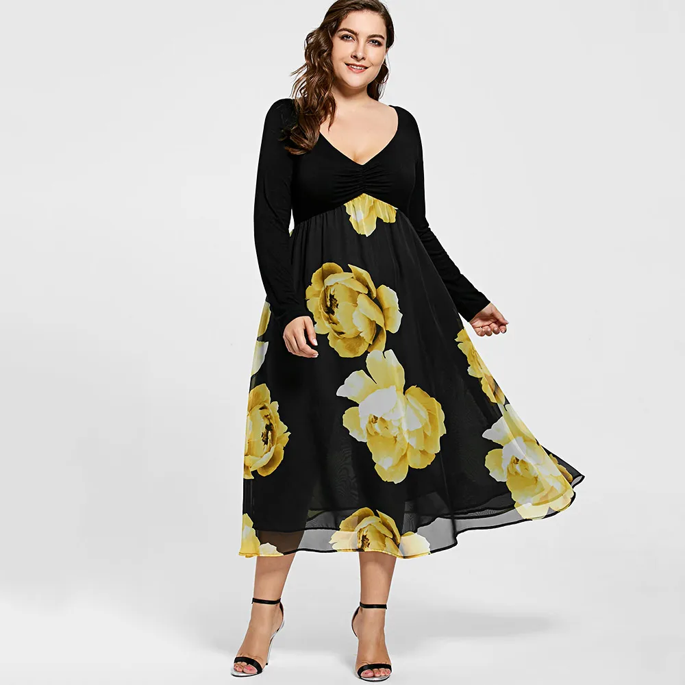 Wipalo Fashion Plus Size Floral Print Empire Waist Midi Dress Women