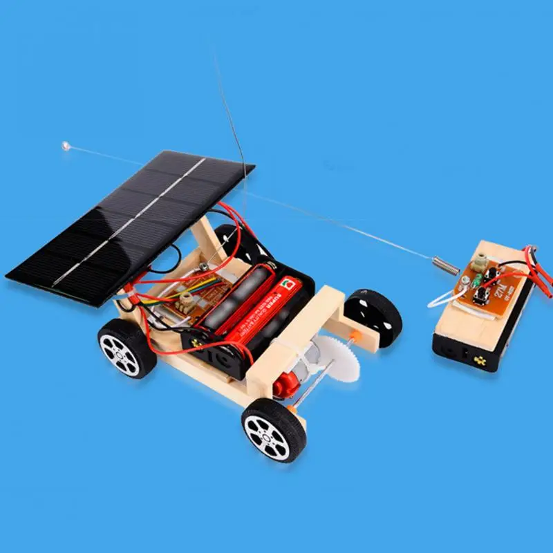 Solar Powered Mini RC Car Funny Vehicle Wooden Kids Gift DIY Assembly Intelligence Building Tube Wireless Educational Toy Model