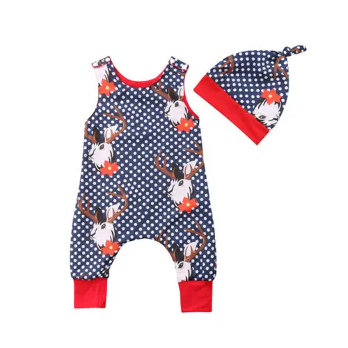

Cute 2pcs Xmas Sunsuit Cotton Newborn Baby Girls Floral Deer Romper Jumpsuit Playsuit Hat Clothes Outfits 0-24M